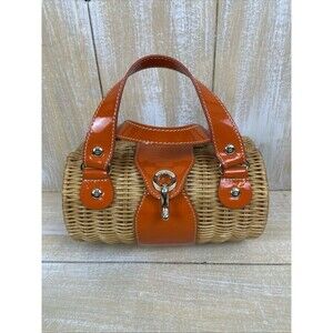 Kate Spade Wicker Barrel Cylinder Bag Purse Satchel Orange Patent Leather Trim